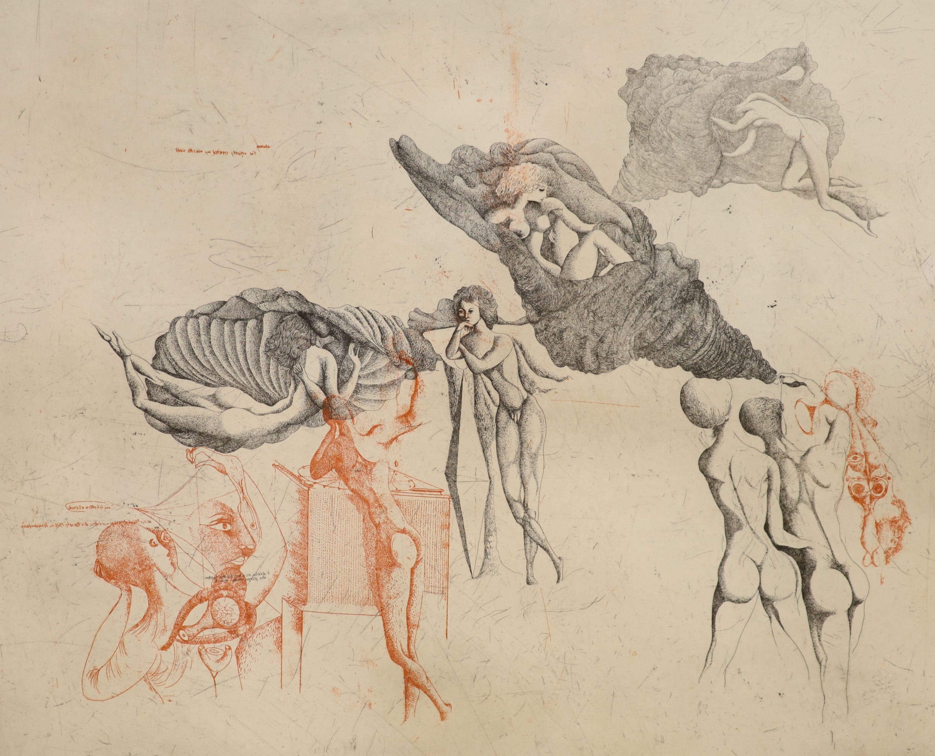 Mac Zimmermann, (German, 1912-1995), figural etching, numbered 2/100, signed and dated ‘74, overall 60 x 68cm